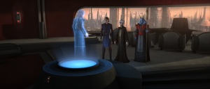 In his office, Palpatine, Mas Amedda and Anakin Skywalker received a transmission from Senator Amidala.