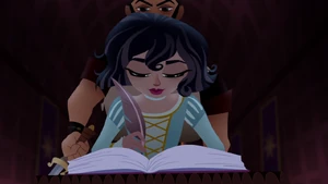 Andrew getting ready to kill Cassandra with his sword