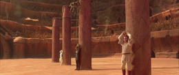 Amidala, Skywalker and Kenobi were individually chained to three stone pillars.