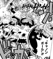 Luffy defeats Cracker and sends him flying.