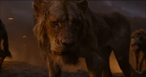 Scar's angry glare while being cornered by the lionesses for Mufasa's murder