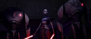 Upon entering the monastery, Kenobi encountered Ventress with her two super battle droid bodyguards.