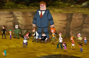 Evil Carl leading his robots to confront Perry in Africa.