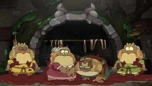 S1E15A-Bullfrogs covered in marinade.jpg (349 KB) Teddy, Martha, and the sisters covered in marinade after Anne and the Plantars escape.