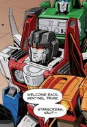 Starscream, along with Hound, as part of Sentinel Prime's retinue.