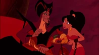 After taking over Agrabah, Jafar submits to an enslaved Jasmine's pleas to have Iago stop torturing her father.