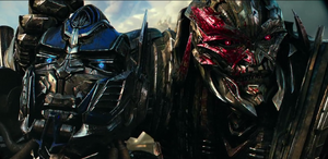 Megatron gloating over Optimus Prime in The Last Knight.