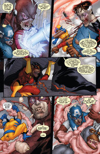 Giant Man, Colonel America and Mr. Fantastic fighting the Ape-Vengers.