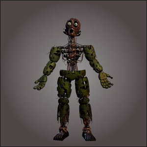 Springtrap, without his mask and torso, showing Afton's skull and remains