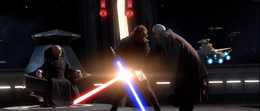 Anakin brutally overwhelms Dooku slicing off both of his hands.