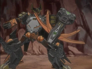 Sideways with his shield.