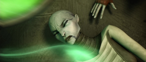 The green mist surrounds the injured Ventress.