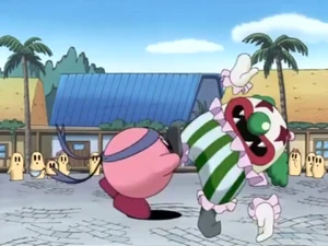 Kirby grabbing Whippy and about to throw him into space.