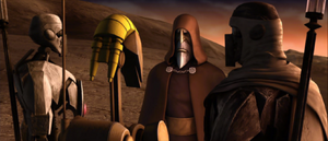 An OOM command battle droid tells Dooku the Jedi have been spotted in the desert.