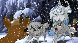 Stormella and her wolves face off Rudolph.