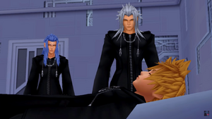 Saïx with Xemnas overlooking Roxas' current state.