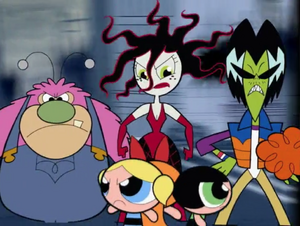 Sedusa surrounds the Powerpuff Girls.