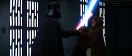 As Kenobi matched his pose, Vader expressed his pleasure at the chance of a rematch with his old master, boastfully asserting the superiority of his own power.