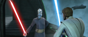 In his classical fighting style, Dooku defends himself bringing the duel to the open landing platform.