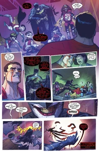 The Batman Who Laughs giving Black Kryptonite to his universe's Superman as he watches him kill his own family.