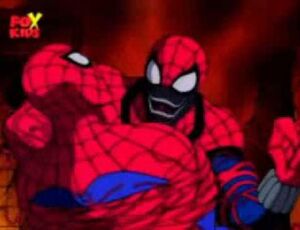 Spider-Carnage grabs hold of Spider-Man during their fight