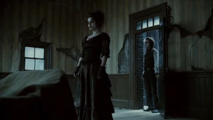 Mrs. Lovett and Sweeney visiting the old Barker home and barbershop.
