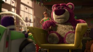 Lotso listening to Buzz telling him that there is nothing to report about the toys trying to escape.