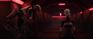 Ventress tells Grievous to keep playing with his droids and she'll see to breaking into the DNA room.