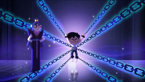 Hiro Hao as Manipulens, being locked in chains.