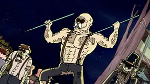 Howard Fightington catching the spears thrown by Mordecai and Rigby.