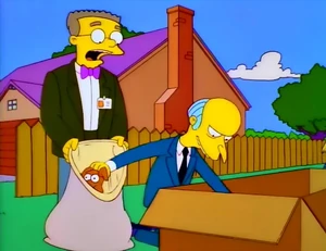 Smithers helping Mr. Burns to steal the Greyhound Puppies from the Simpson family.