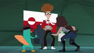 Bannister cornered by Perry and Lyla after they defeated his robots.