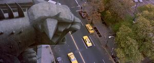 A gargoyle statue of one of the two powerful Terror Dogs at the Shandor Building.