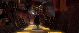 Carving up numerous workers with his lightsaber, Skywalker retreated with Amidala to the assembly lines, where they were split up.