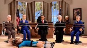 George W. Bush's cameo in Chipotle Misérables, on the far right.