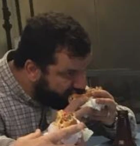 Larry enjoying a delicious fatburger with Mark Jones, Marky Pullman, and Tre-Laser-Man