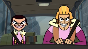 The Ice Dancers ramming their taxi into the Surfers' taxi.