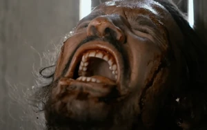 Hugo screaming in complete pain when Rambo stabs him in the chest and rips out his heart.