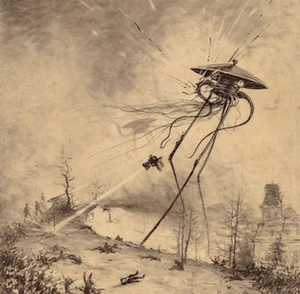 A Martian Tripod battling the British Army.