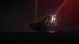 Ahsoka and Vader locked in lightsaber combat.