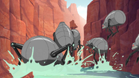 Several giant Mecha-Fleas chasing down Perry and his team through the Grand Canyon