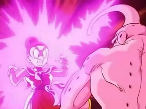 Super Buu turns Chi-Chi into an egg with his Transfiguration Beam.