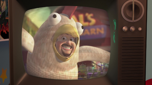 Al dressed as the Chicken Man in an Al's Toy Barn commercial