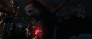 Durza being fatally stabbed through the chest with a sword.