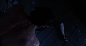 Mr. Hyde's left arm dropping to the floor, flapping away until it transforms from a huge arm into a spindly old one.