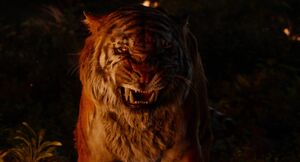 Shere Khan's scary teeth when he spots Mowgli in the burning jungle.