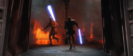 Vader chases Kenobi out onto the exterior balcony.