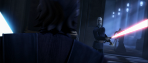Dooku and Skywalker resume their duel in the banquet hall.
