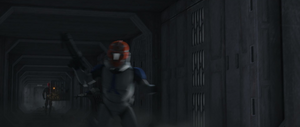 However, Maul pulled one trooper's arm through the closing door as several of his comrades tried in vain to pull him back, resulting in the arm being severed when the door closed.