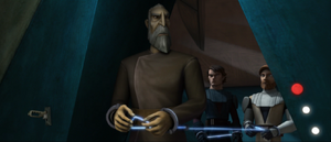 The Count maneuvers a carelessly left behind knife into the key slot, tripping the door open; Dooku and the two Jedi are free.